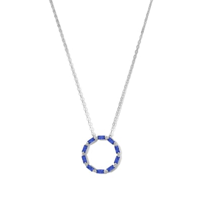 New Bling 9NB-1071 Zilveren Ketting met Zirkonia Hangertje Cirkel - 20mm Doorsnee - Blauw Wit - 40+5cm - Rhodium - Zilver