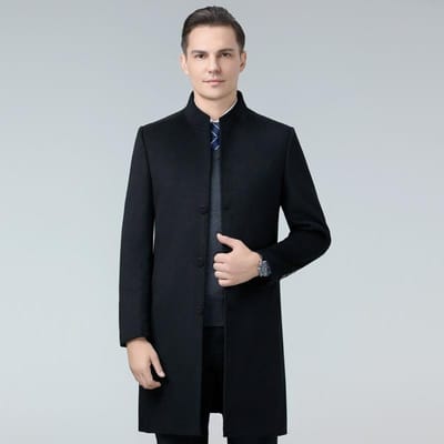 Opstaande Kraagjas Heren Winter Nieuw Koreaanse Versie van Mode Zakelijke Middellange en Lange Woljas 4XL zwart