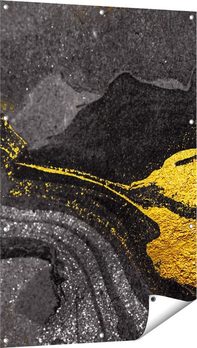 Gards Tuinposter Abstracte Kunst - Zwart Gouden Marmer - 80x120 cm - Tuindoek - Tuindecoratie - Wanddecoratie buiten - Tuinschilderij