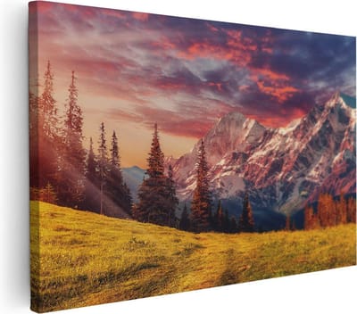 Artaza Canvas Schilderij Zonsondergang - 30x20 cm - Klein - Wanddecoratie Bergen - Muurdecoratie Natuur - Kamer Accessoires Bos