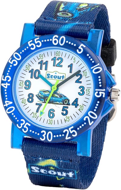 Scout Kinderuhr analog aus der Serie "The IT Collection" mit grün blauem Textilband, Auto-Motiven und Quarzwerk