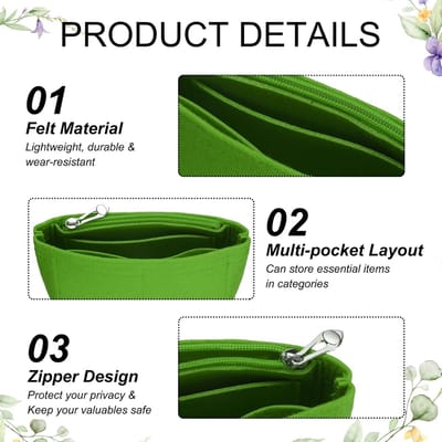 Handtas-organizer, klein, vilten organizer, mini-opbergtas en afwerking, binnenvoering met ritssluiting voor elegant grasgroen