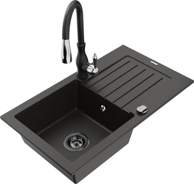 Mexen Pablo granieten spoelbak 1-baks met afdruiprek en keukenmengkraan Savita, zwart/goud metallic - 6510-75-672601-70-B
