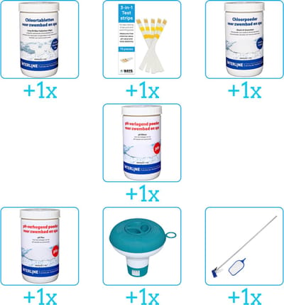 Zwembad Onderhoudspakket - Onderhoud Zwembad - bevat Chloor - Testrips - Chloor - PH-min - PH-plus - Chloordrijver en Schoonmaakset (7-delig)