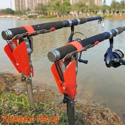 Porte-canne automatique - Réglable, Acier inoxydable, Conception facile à plier, avec support au sol, Crochet d'inclinaison à ressort pour un mains libres rouge