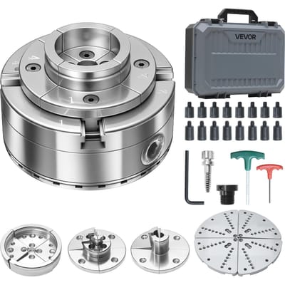 4-Inch Houtdraaibank Klauwplaat, 4-Klaauw, Zelfcentrerende Houtdraai Klauwplaat Set met 1  x 8TPI Schroefdraad & Adapter, 5 STuks Klauwen Rond/Plat/Trap/Pin, Draagtas,