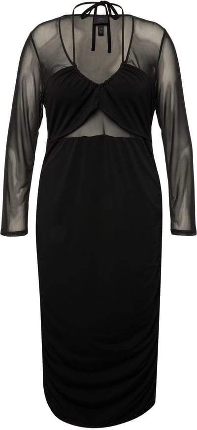 Ulla Popken - Dames - Maxi-jurk inzetstuk van mesh slim V-hals lange mouwen - Zwart - Maat 54+