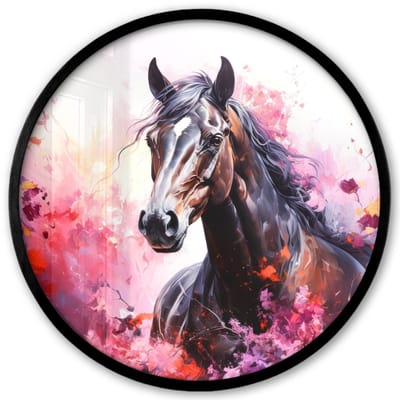 Poster in lijst Rond - Fotolijst 40x40 cm - Posters - Paard - Dieren - Meisje - Roze - Ronde posterlijst zwart - Decoratie - Wanddecoratie woonkamer - Muurdecoratie slaapkamer