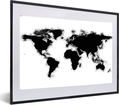 Poster in lijst - Fotolijst 60x40 cm - Posters - Wereldkaart - Zwart - Wit - Simpel - Posterlijst zwart - Decoratie - Wanddecoratie woonkamer - Muurdecoratie slaapkamer