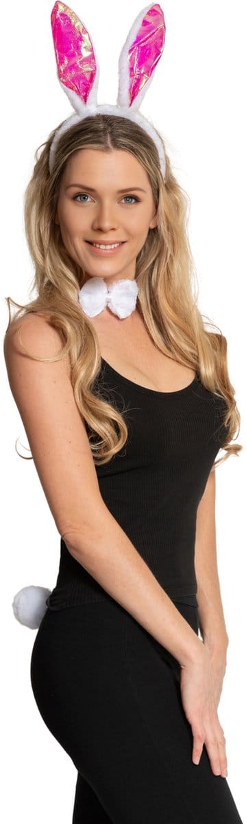 Partychimp Konijn Verkleed Set Hoofdband/Strik en Staart voor bij Carnavalskleding Heren Carnavalskleding Dames Carnaval Acccessoires Verkleedaccessoires Volwassenen Dieren Kostuum - Polyester - 3-Delig Hoofdband/Strik/Staart