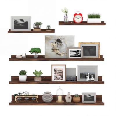 Wandrek van composiethout, 90 cm, bruin, zwevende plank, voor woonkamer, keuken, slaapkamer of kantoor, set van 5 verschillende maten
