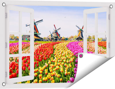 Gards Tuinposter Doorkijk Kleurrijke Tulpen Bloemenveld - Windmolen - 60x40 cm - Tuindoek - Tuindecoratie - Wanddecoratie buiten - Tuinschilderij