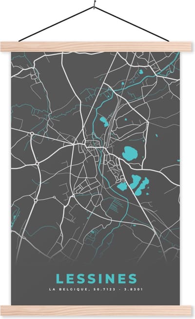 Posterhanger incl. Poster 40x60 cm - Schoolplaat - België – Lessines – Stadskaart – Kaart – Blauw – Plattegrond - Textielposter - Blanke latten - Stadskaart