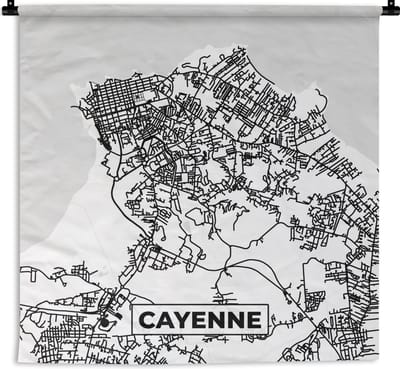 Wandkleed - Wanddoek - Stadskaart - Cayenne - Plattegrond - Kaart - Frankrijk - Zwart wit - 180x180 cm - Wandtapijt
