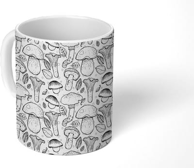 Mok - Koffiemok - Paddenstoel - Zwart Wit - Patronen - Mokken - 350 ML - Beker - Koffiemokken - Theemok