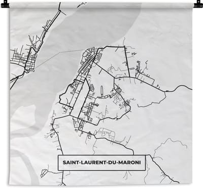 Wandkleed - Wanddoek - Stadskaart - Saint-Laurent-du-Maroni - Plattegrond - Kaart - Frankrijk - Zwart wit - 180x180 cm - Wandtapijt