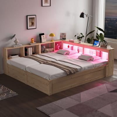 VVBV Slaapbank 90/180x200 cm met LED-Verlichting, Planken - Hydraulische Opbergruimte - Hout Naturel