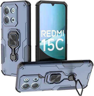 MobyDefend Hoesje - Geschikt voor Xiaomi Redmi 15C 5G - Dubbelgelaagde Pantsercase Met Standaard - Blauw