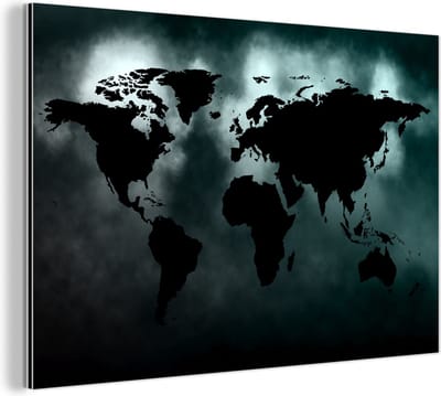 Wanddecoratie Metaal - Aluminium Schilderij Industrieel - Wereldkaart - Zwart - Wit - 120x80 cm - Dibond - Foto op aluminium - Industriële muurdecoratie - Voor de woonkamer/slaapkamer