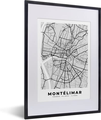 Fotolijst incl. Poster - Kaart – Stadskaart – Frankrijk - Montélimar - Plattegrond - 30x40 cm - Posterlijst