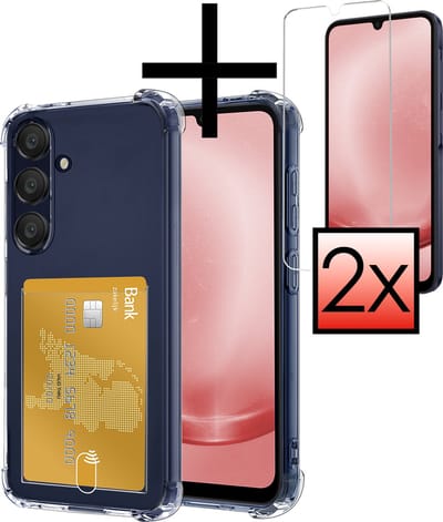 Hoesje - Geschikt voor Samsung Galaxy A25 - Met 2x Screenprotector - Pashouder - Kaarthouder - Telefoon Hoes Shockproof - Siliconen Case - Back Cover - Shock Proof - Pasjes Houder - Transparant