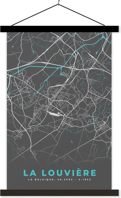 Posterhanger incl. Poster 40x60 cm - Schoolplaat - Plattegrond – La Louvière – Blauw – Stadskaart - Kaart - Textielposter - Zwarte latten - Stadskaart