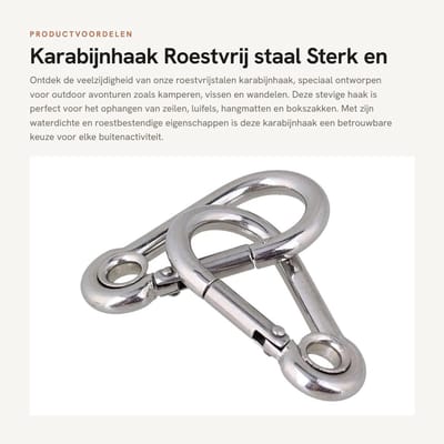 Dailygoods- Karabijnhaak Roestvrij Staal - Klimkarabijnhaak - Waterdicht - Sterk/Duurzaam - Voor Camping/Vissen - Maximale Belasting 350 kg - Haak