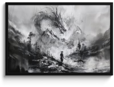 Poster in lijst - Fotolijst 90x60 cm - Posters - Krijger - Draak - Grijs - Posterlijst zwart - Decoratie - Wanddecoratie woonkamer - Muurdecoratie slaapkamer