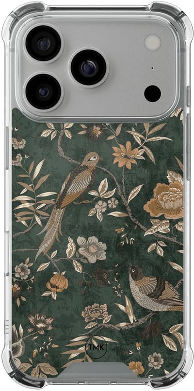 Shockproof hoesje geschikt voor Apple iPhone 17 Pro - Khaki golden flowers - Schokbestendig - Verhoogde randen - TPU case - Extra Sterke Back Cover - Bloemen - Transparant, Groen