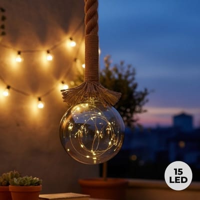 Lomera Glazen Kerstbal met Led's - Jute Touw - 15 Led's - 10 CM Diameter - Warm Wit Licht - Kerstverlichting - Kerstdecoratie - Landelijk Interieur - Trendy Industrieel - 100 CM Jute Touw - Binnen