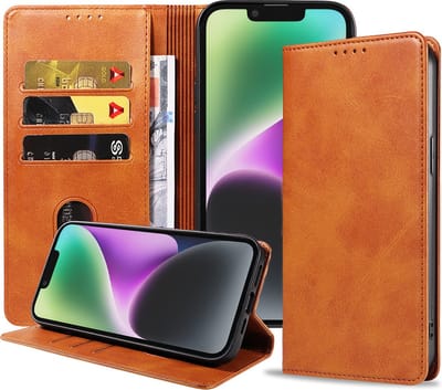 Smartphonica iPhone 14 kunstleren hoesje met magnetische sluiting en pashouders book case - Bruin geschikt voor iPhone 14