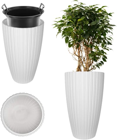 KADAX Ronde bloempot, decoratieve bloempot met binneninzetstuk, sierpot van kunststof, voor binnen en buiten (wit)