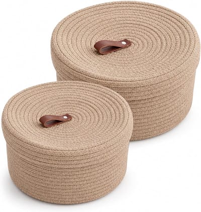 2 stuks katoenen touw, opbergmanden met deksel, Ø 23 x 12,5 cm en Ø 28 x 16,5 cm, opbergmand met deksel, gevlochten voor kinderkamer, keuken, badkamer, kantoor, kaki
