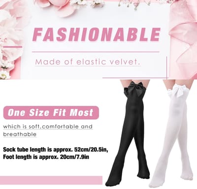 Dailygoods- Dijhoge Kousen - 2 Paar - Ondoorzichtig - Strik Kousen - Thigh Highs Sokken - Zwart/Wit - Fluweel/Nylon - Overknee Sokken