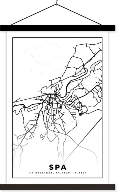 Posterhanger incl. Poster 40x60 cm - Schoolplaat - België – Spa – Stadskaart – Kaart – Zwart Wit – Plattegrond - Textielposter - Zwarte latten - Stadskaart