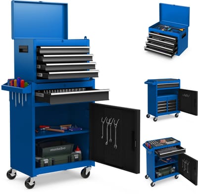 COSTWAY 2-in-1 werkplaatswagen incl. koffer & 8 vakken & haken & verstelbaar rek, gereedschapswagen afsluitbaar op wielen zonder gereedschap, professionele werkplaatswagen metaal 100 kg draagkracht,