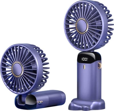 Handventilator - Paars Draagbare Ventilator Oplaadbaar - Tafelventilator Draadloos - Fan+Telefoonhouder - 5 Standen