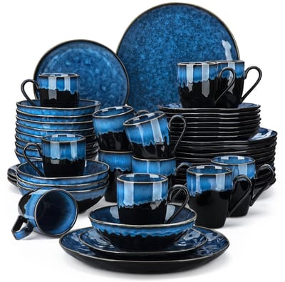 Serviesset - 12 Persoons Servies - Porselein - Diner- en Dessertborden, Kommen en Kopjes - 48-delige Set - Blauw