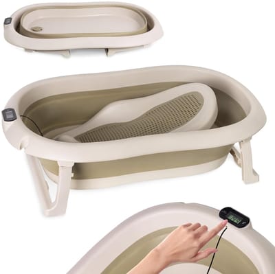 moovkee. Opvouwbaar Babybad 80 cm Beige - Babybadewanne met Thermometer en Badesitz - Antislip Draagbare Babybadkuip voor 0-36 Maanden