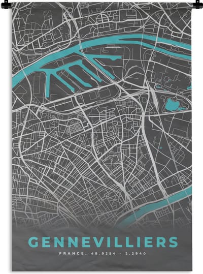 Wandkleed - Wanddoek - Gennevilliers - Frankrijk - Plattegrond - Kaart - Stadskaart - 120x180 cm - Wandtapijt