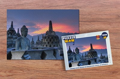 Puzzel Oranje lucht boven de Borobudur tempel in Indonesië - Legpuzzel - Puzzel 1000 stukjes volwassenen