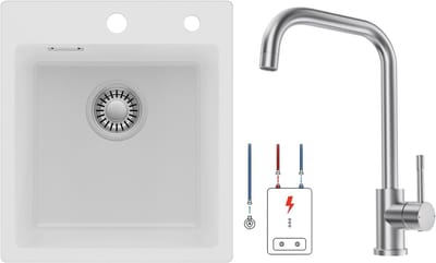 Auralum max Spoelbak Keuken 40x45CM - Spoelbakken Graniet Met Lagedruk keukenkraan - Enkele spoelbak Wit - Met waterafvoersysteem - Voor 40 cm kast