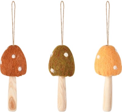Dekoratief | Hanger paddenstoel, oranje/groen/geel, stof/hout, 5x5x13cm, set van 3 stuks | A255350