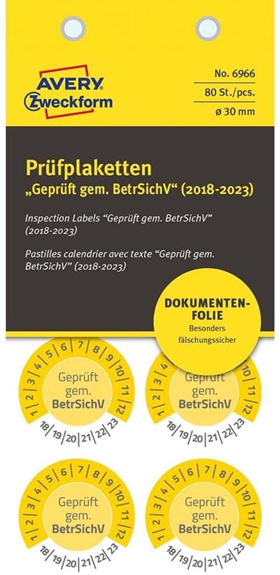 80x teststickers getest volgens BetrSichV 2018-2023 30mm gele folie