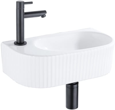 QeramiQ Fuente fonteinset – 40x21.5x12 cm – keramiek wit glans – kraangat links – mat zwarte kraan – geribbeld