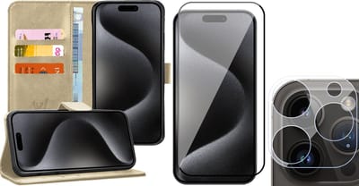 Hoesje geschikt voor iPhone 15 Pro - Screenprotector FullGuard & Camera Lens Screen Protector - Book Case Kunstleer Pasjeshouder Goud