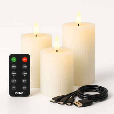 FlinQ Oplaadbare LED Kaarsen met Bewegende Vlam Ribbed - Inclusief Afstandsbediening met Timer en Dimfunctie - Nep Kaarsen met Flikkerende Vlam - Dinerkaarsen Oplaadbaar - 3 stuks