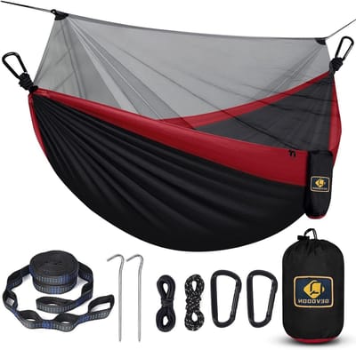 Hangmat met Net - Kampeerhangmat Reishangmat - Buiten Ontspannen - 2-in-1 Omkeerbaar Ontwerp - 2.9 x 1.45 Meter - Zwart Rood