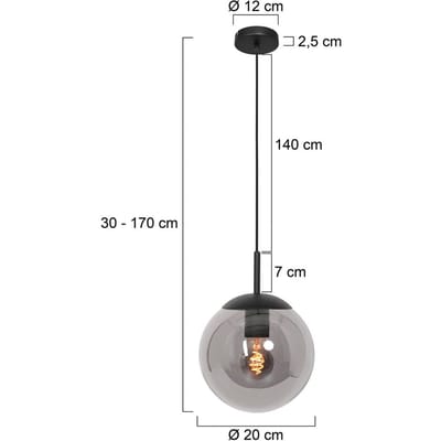 Hanglamp Bollique 20cm Zwart Hoogte Instelbaar, Glas en Metaal, Steinhauer