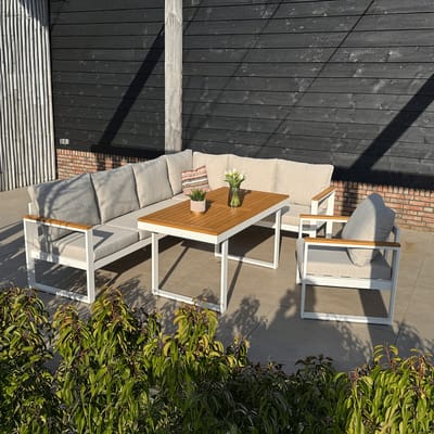Loungeset Cube Wit Hoekbank Diningset Aluminium/Hout - 22380W